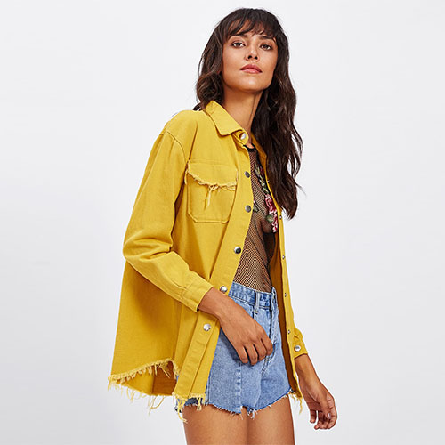 2018 Hot Frayed Curved Hem Denim Jacket