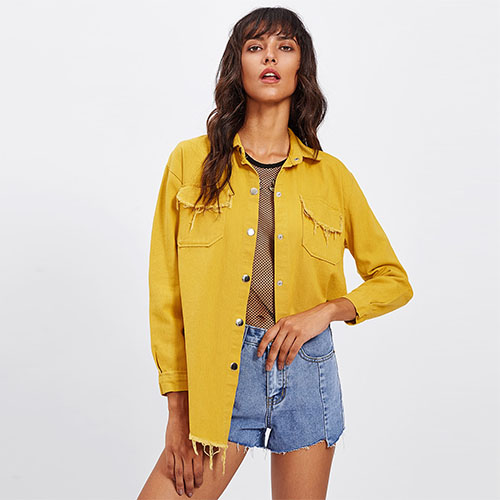 2018 Hot Frayed Curved Hem Denim Jacket