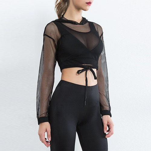 2018 See-Through Lace Up Crop Mesh Hoodie Without Bra