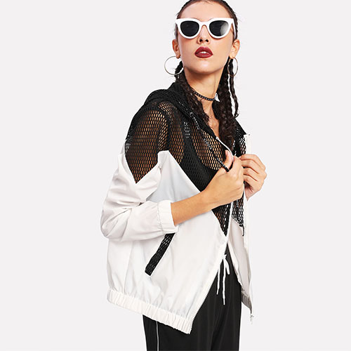 2018 Hot Two Tone Mesh Panel Hooded Jacket