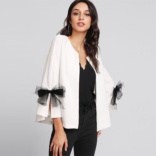 2018 Hot Bow Slit Bell Sleeve Textured Blazer